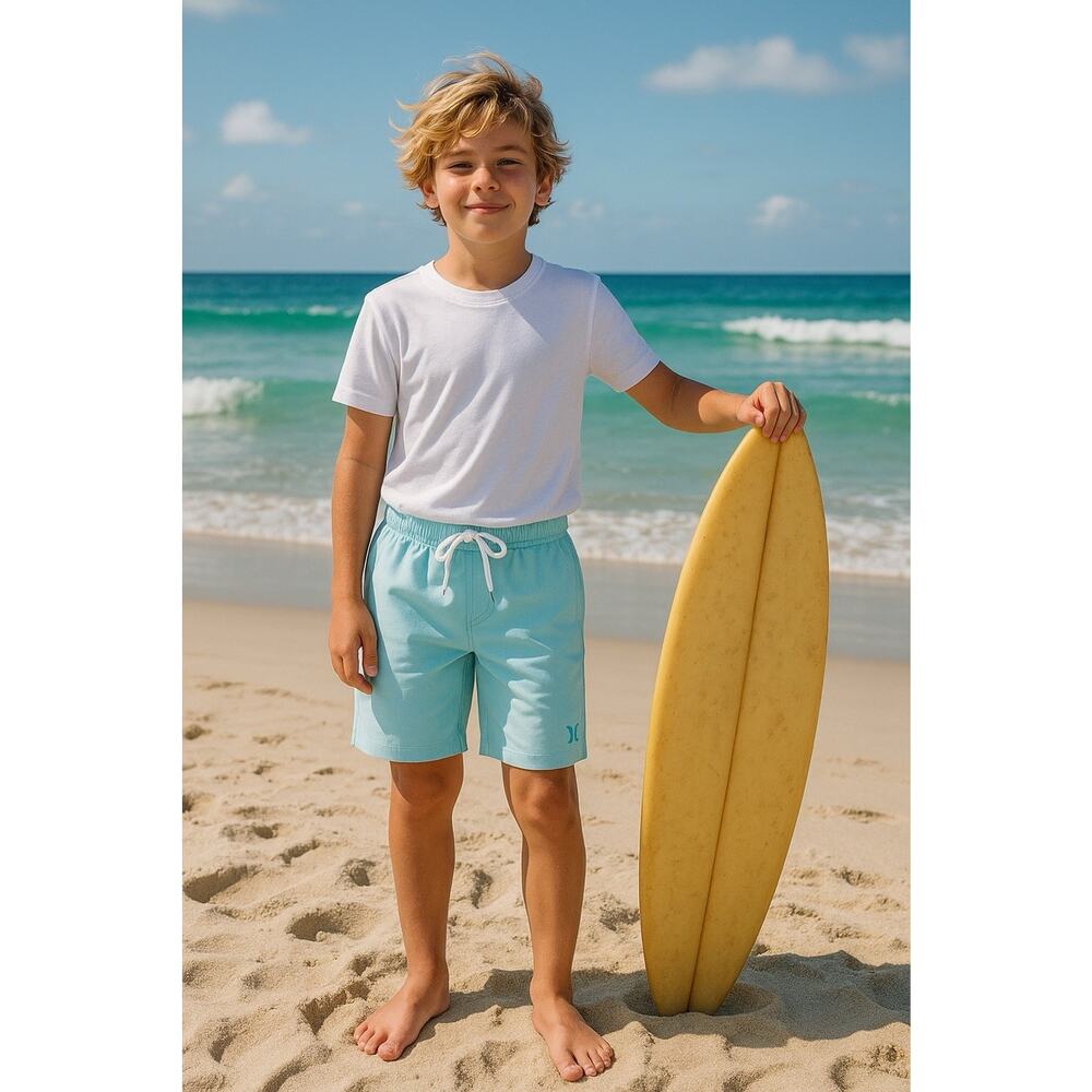 Hurley Board Shorts Boys Size Medium 10-12  Light Blue Elastic Waist 8” Inseam